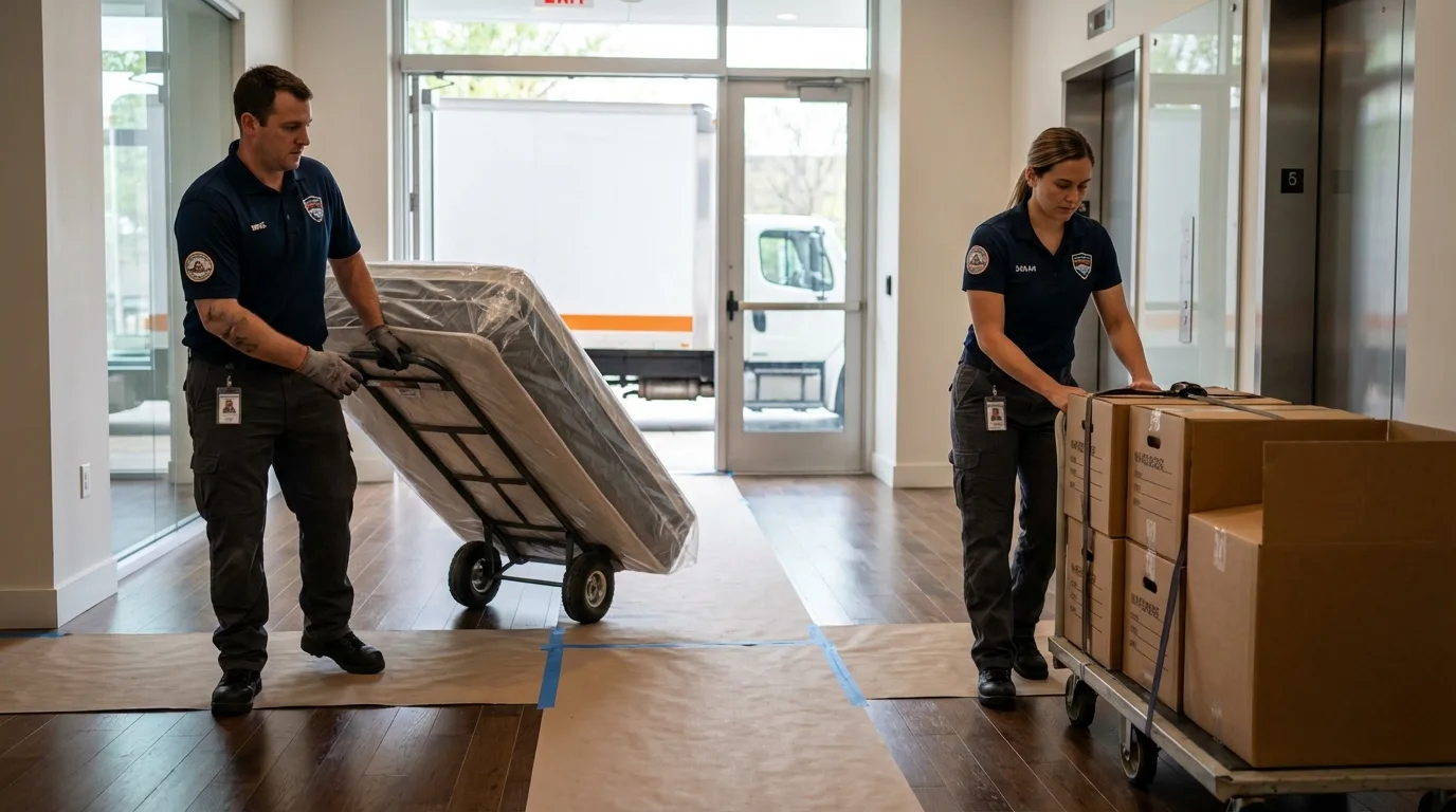 Professional apartment movers loading elevator in Morgan, UT