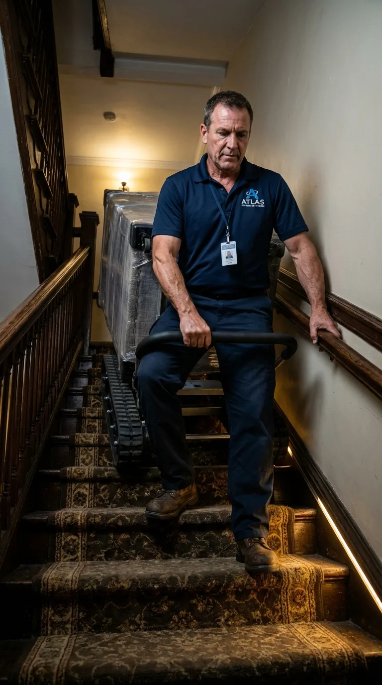 Professional mover operating tracked stair climbing equipment while descending apartment staircase with heavy furniture item.